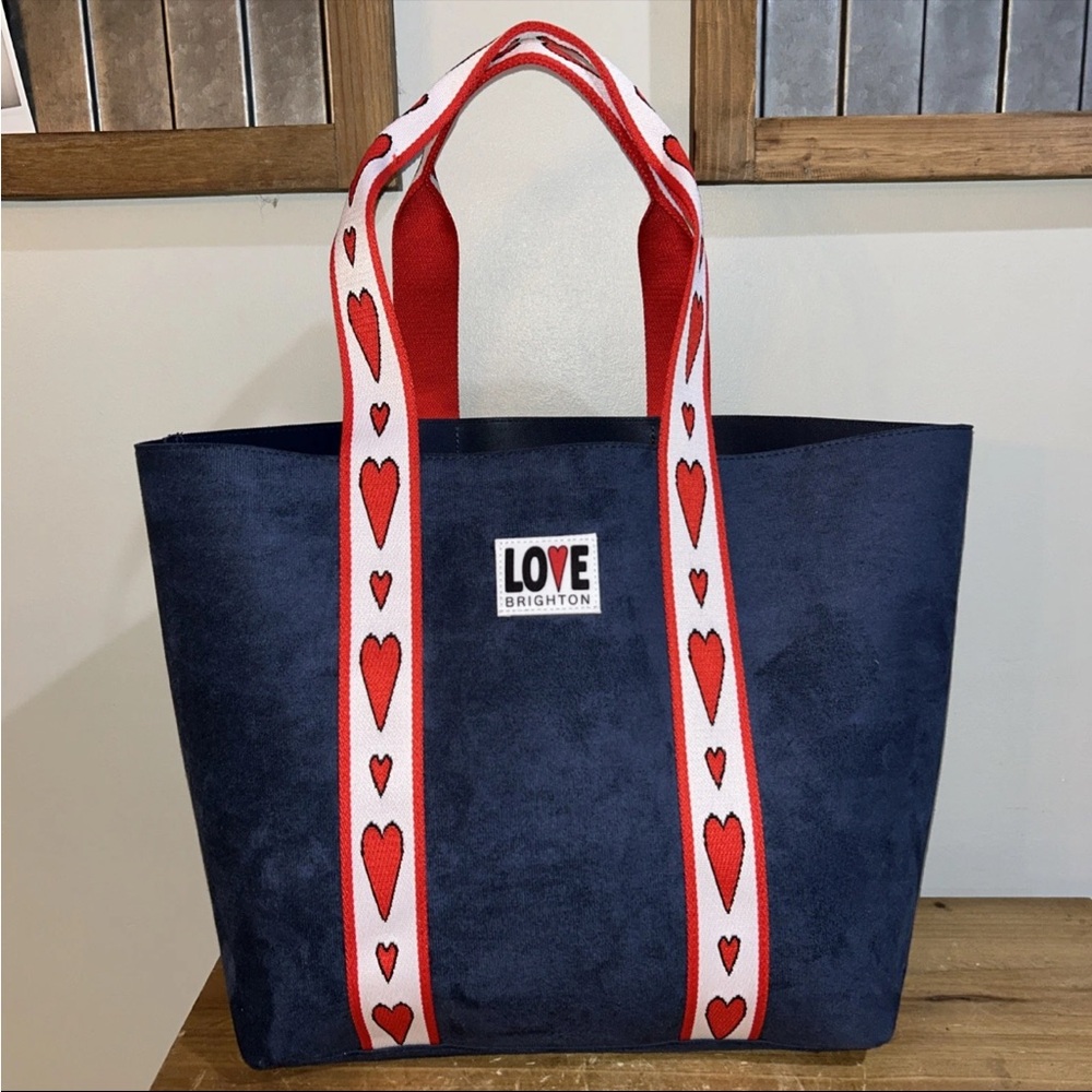 Brighton Velveteen Love Tote Bag Navy with red and white heart straps